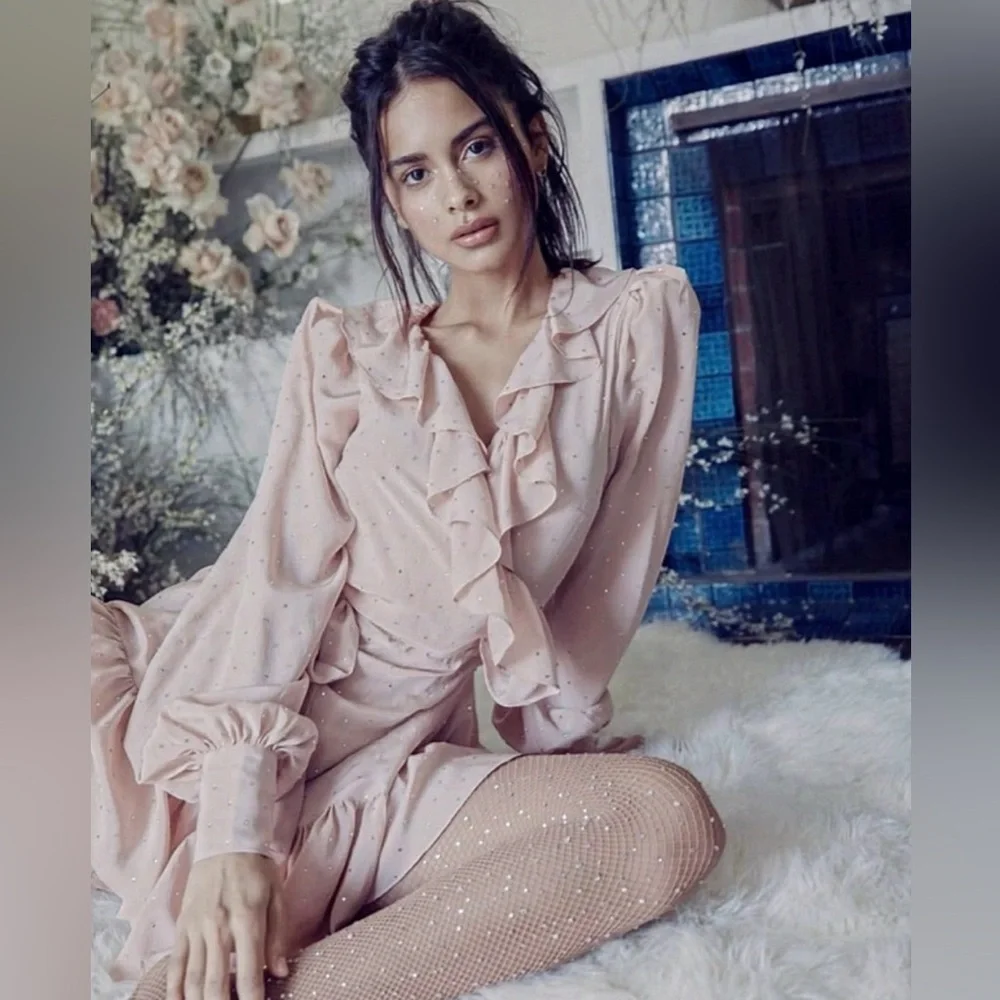 Selkie The Wrap Dress Pink in Sparkle Latte - Picture 3 of 10